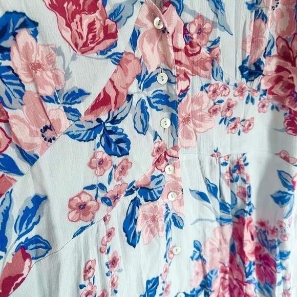 Oddy Midi Dress Baby Blue W Blue & Pink Florals Button Down Short Sleeve Size 2X - Picture 4 of 5
